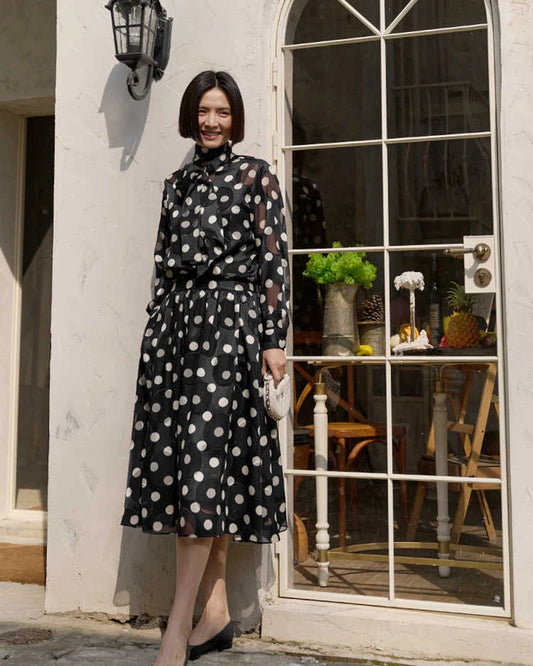 Seidenbluse & Rock mit Punkten