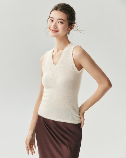 Strickweste aus reinem Kaschmir mit V-Ausschnitt und gewelltem Saum