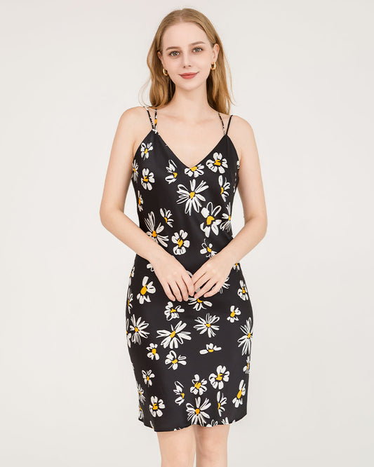 Mittelgroßer 100% Seiden-Nachthemd mit Gänseblumen-Muster und Kreuzrückenstruktur