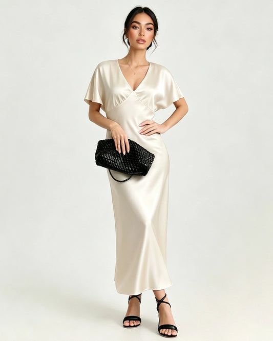 Satin-Triacetat Maxikleid mit Fledermausärmeln und Slip-Silhouette