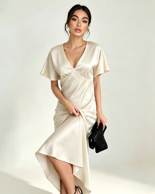 Satin-Triacetat Maxikleid mit Fledermausärmeln und Slip-Silhouette