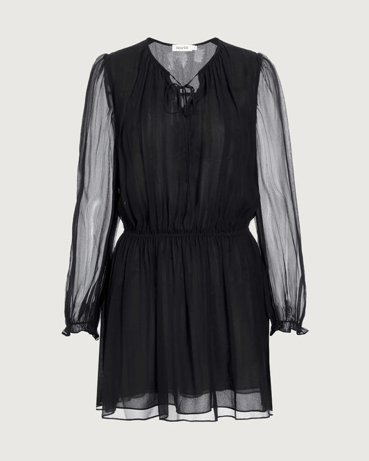Seiden-Minikleid mit transparenten Ärmeln und Schleifenkragen