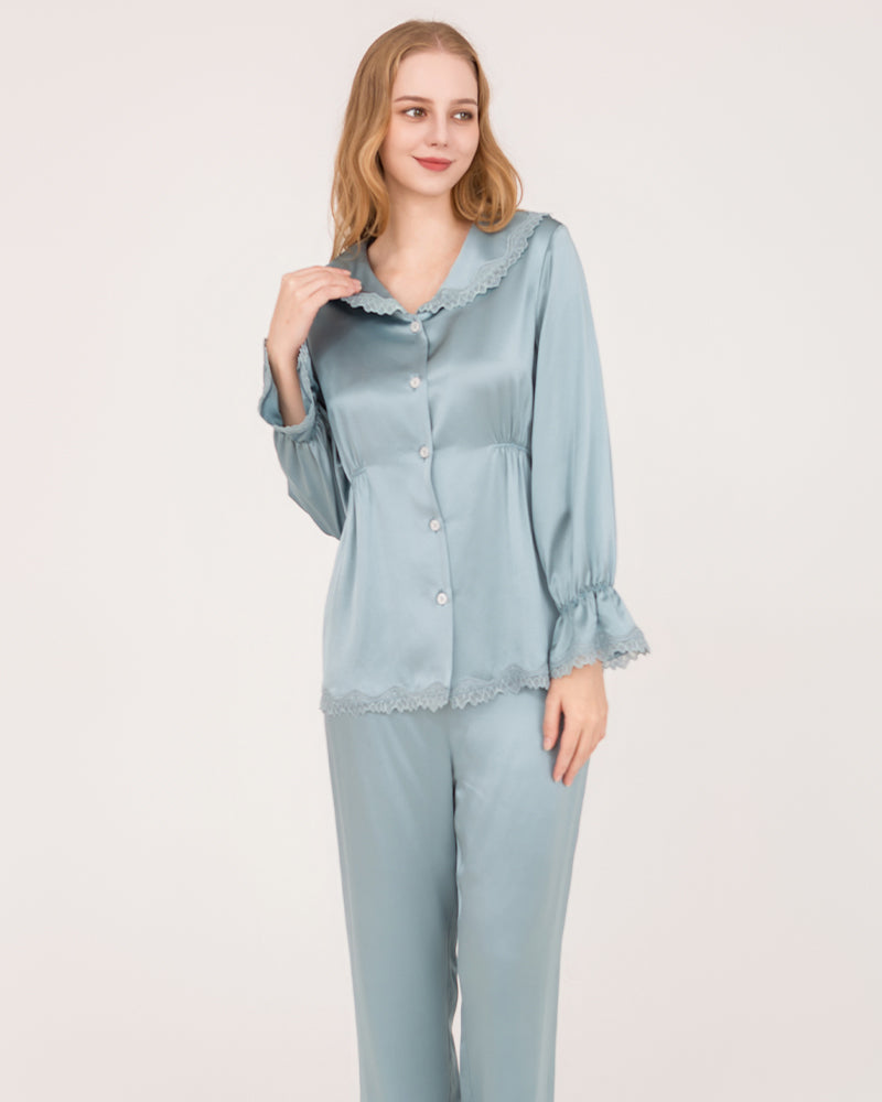 22 Momme Seiden-Pyjamas-Set mit Häkel- und Wellblech-Ärmelabschlüssen