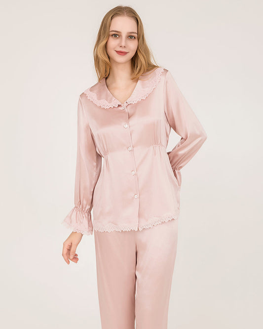 22 Momme Seiden-Pyjamas-Set mit Häkel- und Wellblech-Ärmelabschlüssen