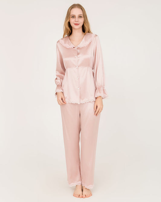 22 Momme Seiden-Pyjamas-Set mit Häkel- und Wellblech-Ärmelabschlüssen