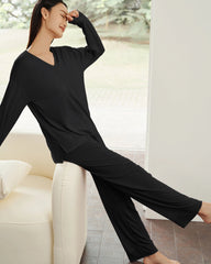 Seidenmischung Strick-Pyjama-Set mit langen Ärmeln