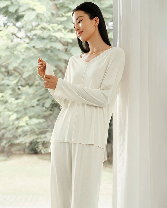 Seidenmischung Strick-Pyjama-Set mit langen Ärmeln
