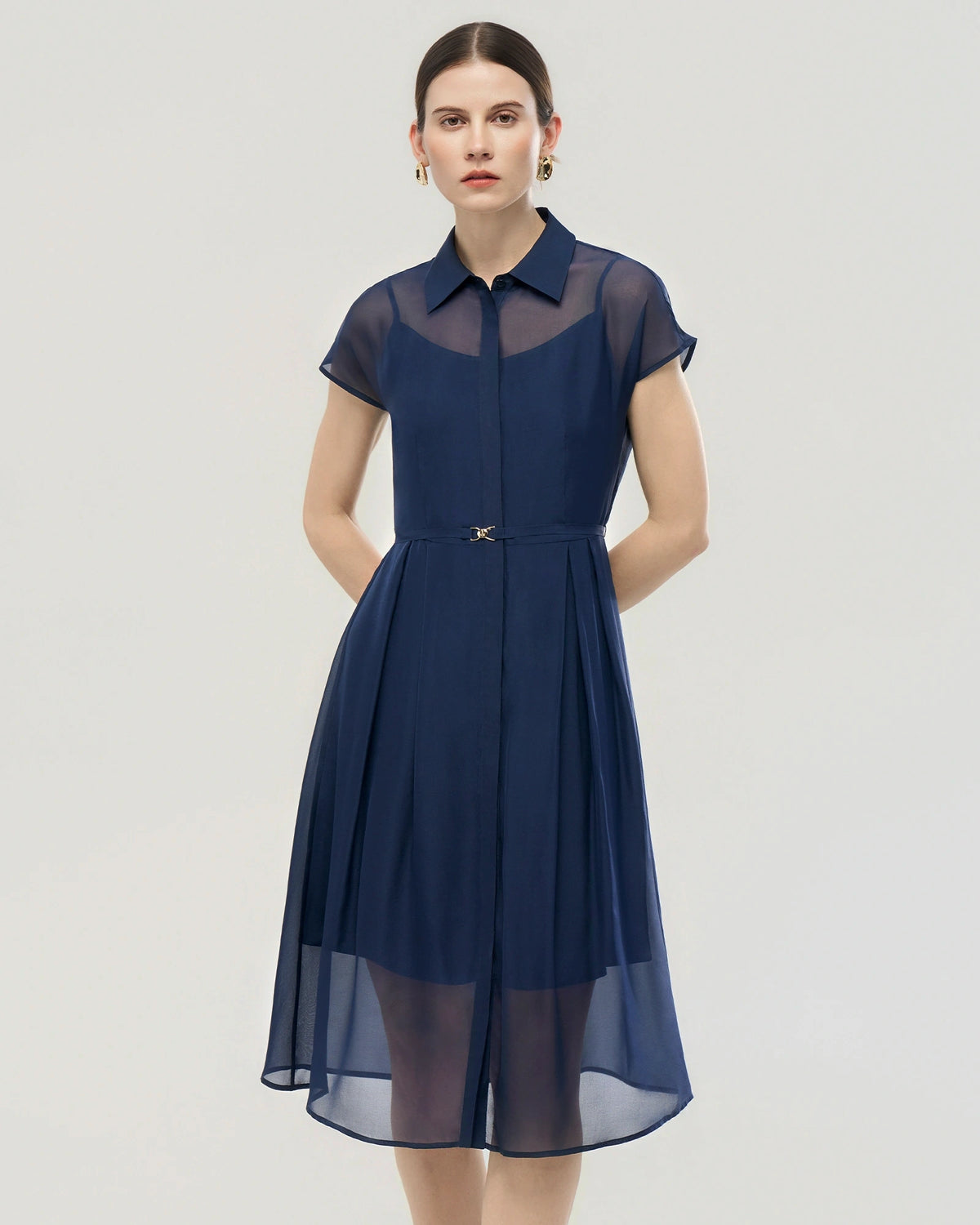Seiden-Chiffon Hemdblusenkleid mit Gürtel in A-Linie