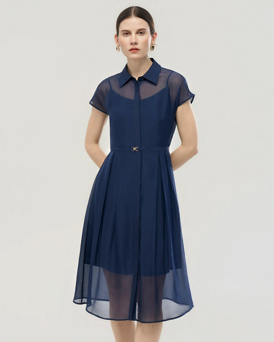 Seiden-Chiffon Hemdblusenkleid mit Gürtel in A-Linie