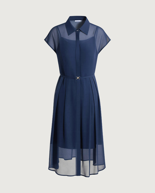 Seiden-Chiffon Hemdblusenkleid mit Gürtel in A-Linie