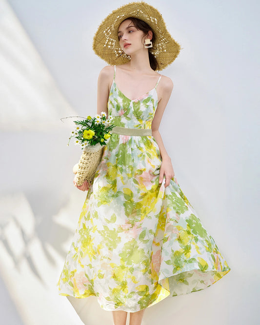 Ärmelloses Seiden-Midikleid mit Blumenmuster