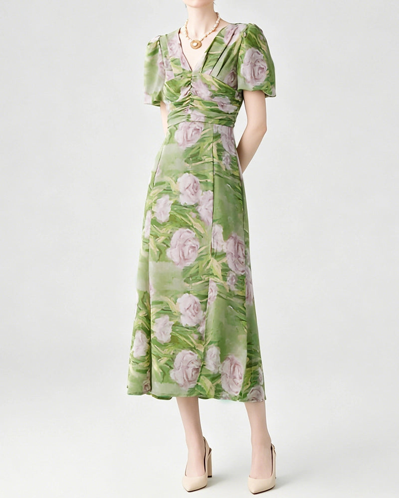 Seiden-Midikleid mit Blumenmuster, V-Ausschnitt und Puffärmeln