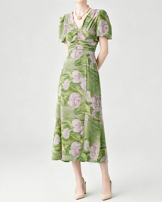 Seiden-Midikleid mit Blumenmuster, V-Ausschnitt und Puffärmeln
