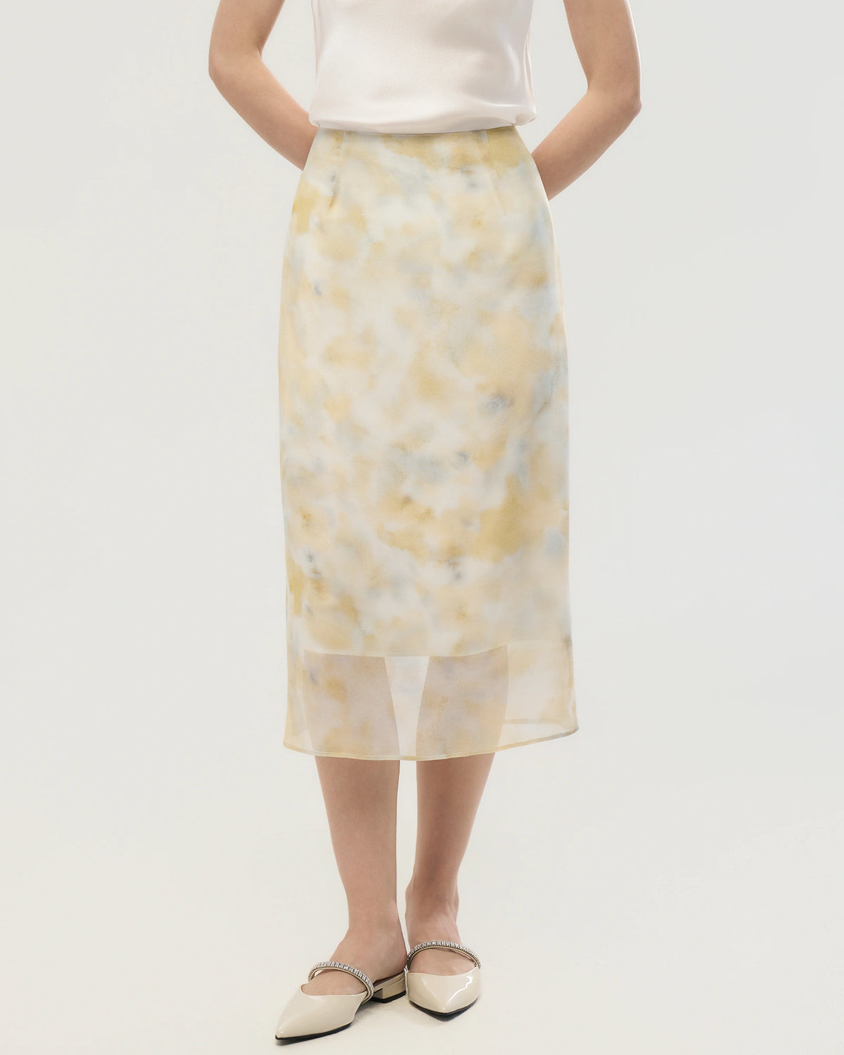 Seiden-Georgette Midirock mit Aquarell-Print