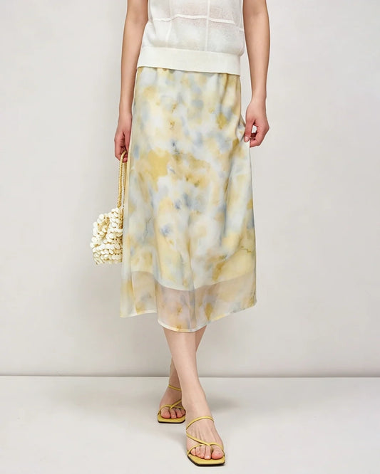 Seiden-Georgette Midirock mit Aquarell-Print