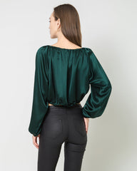 Damen Crop-Top Seidenbluse mit Laternenärmeln