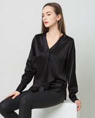 Damen Seiden-Satin-Bluse mit V-Ausschnitt und Krawattenzug