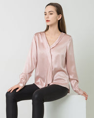 Damen Seiden-Satin-Bluse mit V-Ausschnitt und Krawattenzug