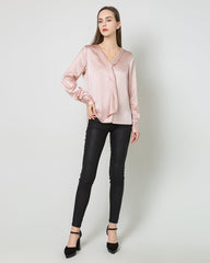 Damen Seiden-Satin-Bluse mit V-Ausschnitt und Krawattenzug