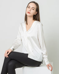 Damen Seiden-Satin-Bluse mit V-Ausschnitt und Krawattenzug