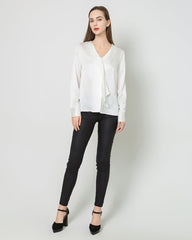 Damen Seiden-Satin-Bluse mit V-Ausschnitt und Krawattenzug