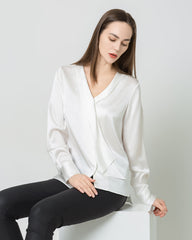 Damen Seiden-Satin-Bluse mit V-Ausschnitt und Krawattenzug