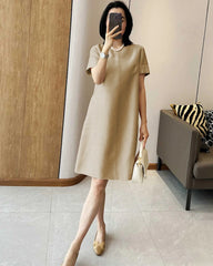 Seiden-Woll-Midikleid mit kurzen Ärmeln