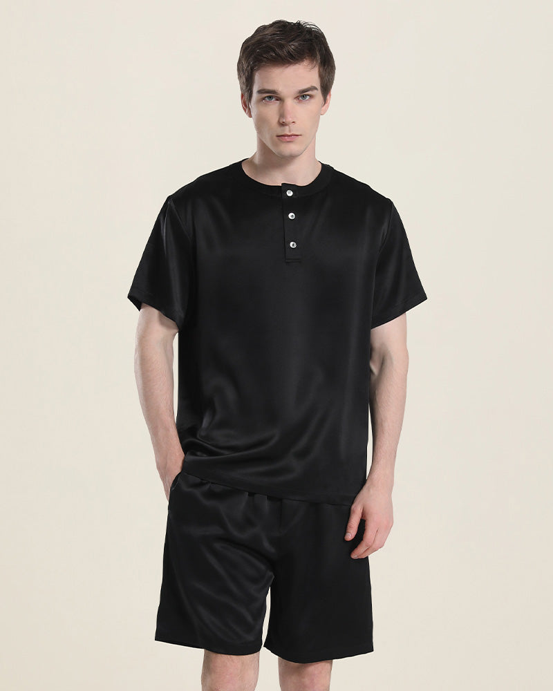 Einfaches Crewneck Seiden-Pyjama-Set für Herren