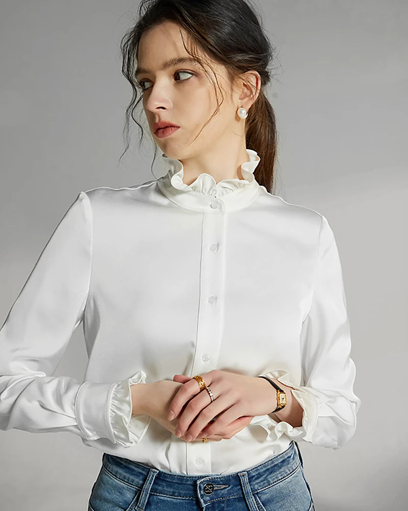 Seidenbluse Damen – Rüschen & Stehkragen Elegant