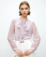 Seidenbluse mit Schleifenkragen und transparenten Ärmeln