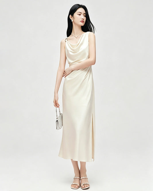 Triacetat Kleid mit Wasserfallausschnitt und Taillenraffung