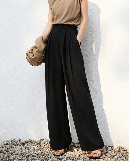 Triacetat-Hose mit hohem Bund, Plisseefalten und geradem Bein