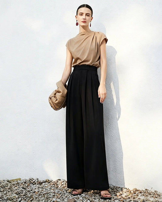 Triacetat-Hose mit hohem Bund, Plisseefalten und geradem Bein