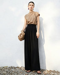 Triacetat-Hose mit hohem Bund, Plisseefalten und geradem Bein