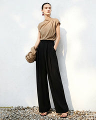 Triacetat-Hose mit hohem Bund, Plisseefalten und geradem Bein