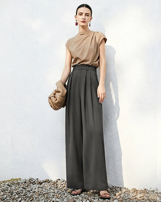 Triacetat-Hose mit hohem Bund, Plisseefalten und geradem Bein