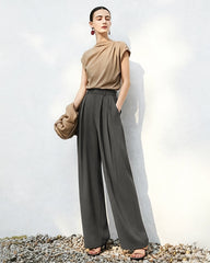 Triacetat-Hose mit hohem Bund, Plisseefalten und geradem Bein