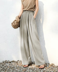 Triacetat-Hose mit hohem Bund, Plisseefalten und geradem Bein