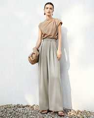 Triacetat-Hose mit hohem Bund, Plisseefalten und geradem Bein