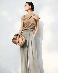 Triacetat-Hose mit hohem Bund, Plisseefalten und geradem Bein