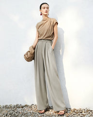 Triacetat-Hose mit hohem Bund, Plisseefalten und geradem Bein