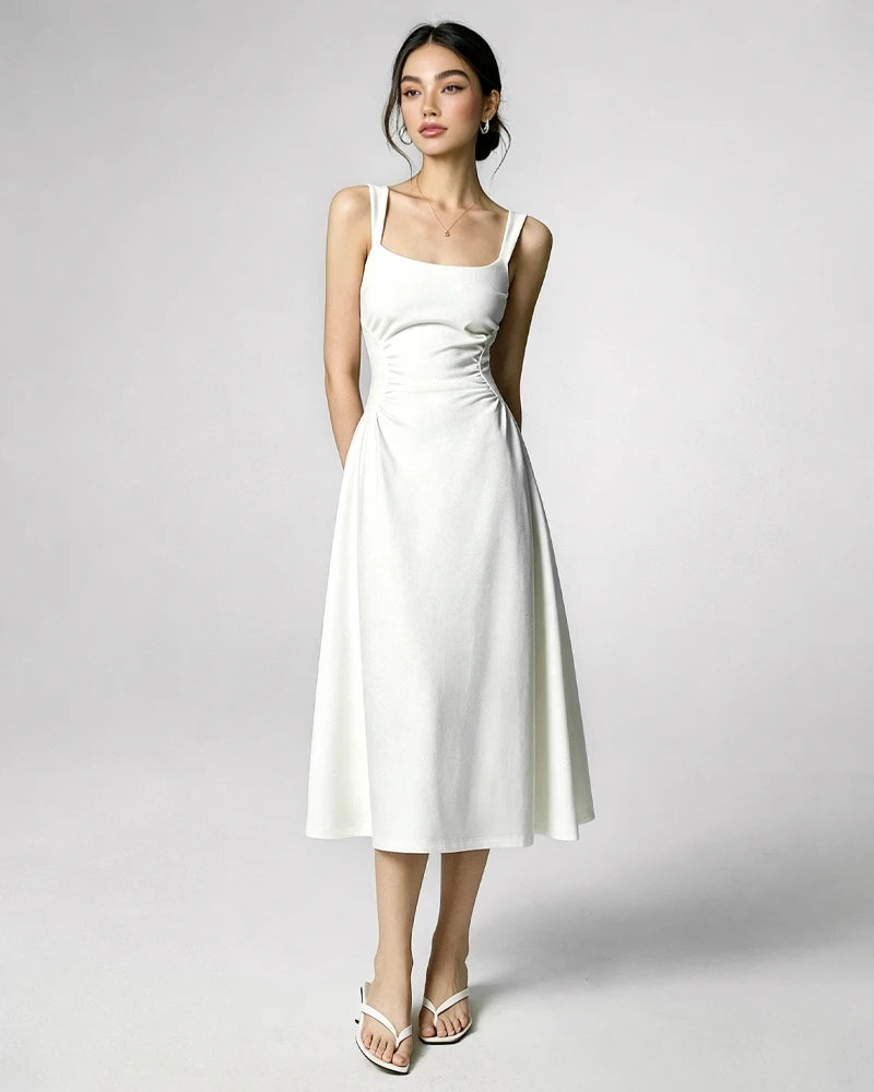 Triacetat-Midikleid mit eckigem Ausschnitt und Plisseetaille