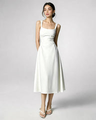 Triacetat-Midikleid mit eckigem Ausschnitt und Plisseetaille