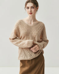 V-Ausschnitt Zopfmuster Pullover aus Seide und Kaschmir