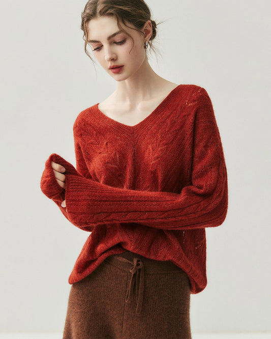 V-Ausschnitt Zopfmuster Pullover aus Seide und Kaschmir