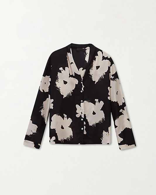 Langärmlige Seidenbluse mit V-Ausschnitt und Blumenmuster
