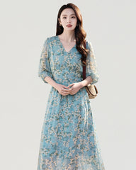 Seiden-Midikleid mit V-Ausschnitt und Blumenprint
