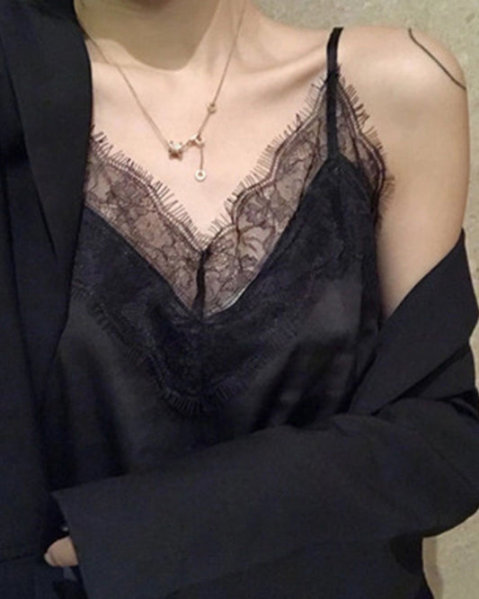 V-Ausschnitt Spitzen-Seiden-Camisole