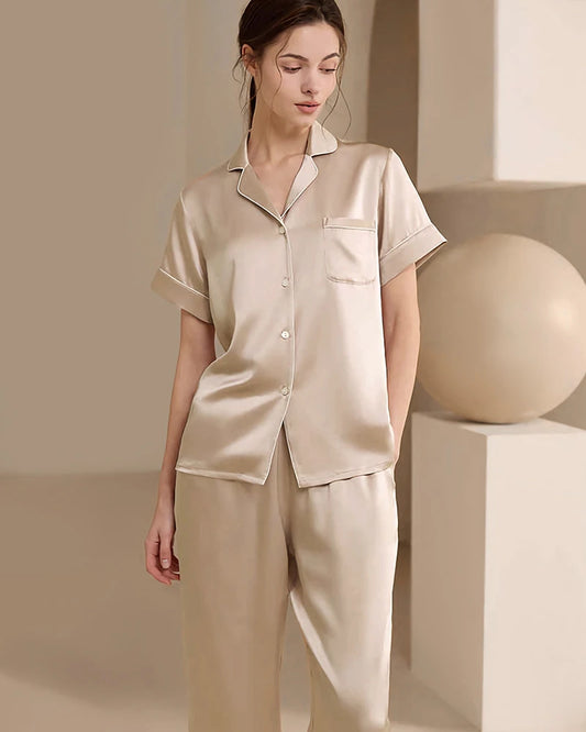 Waschbares Seiden-Pyjama-Set mit Kurzarm und langer Hose