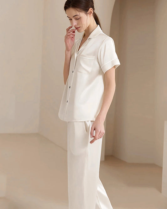 Waschbares Seiden-Pyjama-Set mit Kurzarm und langer Hose